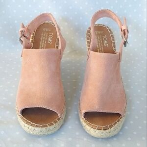 Toms Monica Pink Blossom Suede Wedge Espadrilles with Buckle Closure